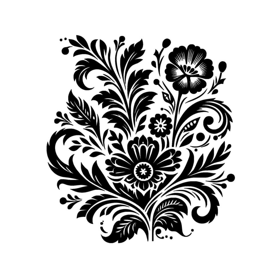 Intricate Black Floral A symmetrical arrangement of stylized flowers, leaves, and ornamental elements on a white backdrop, creating a striking monochrome composition. vector