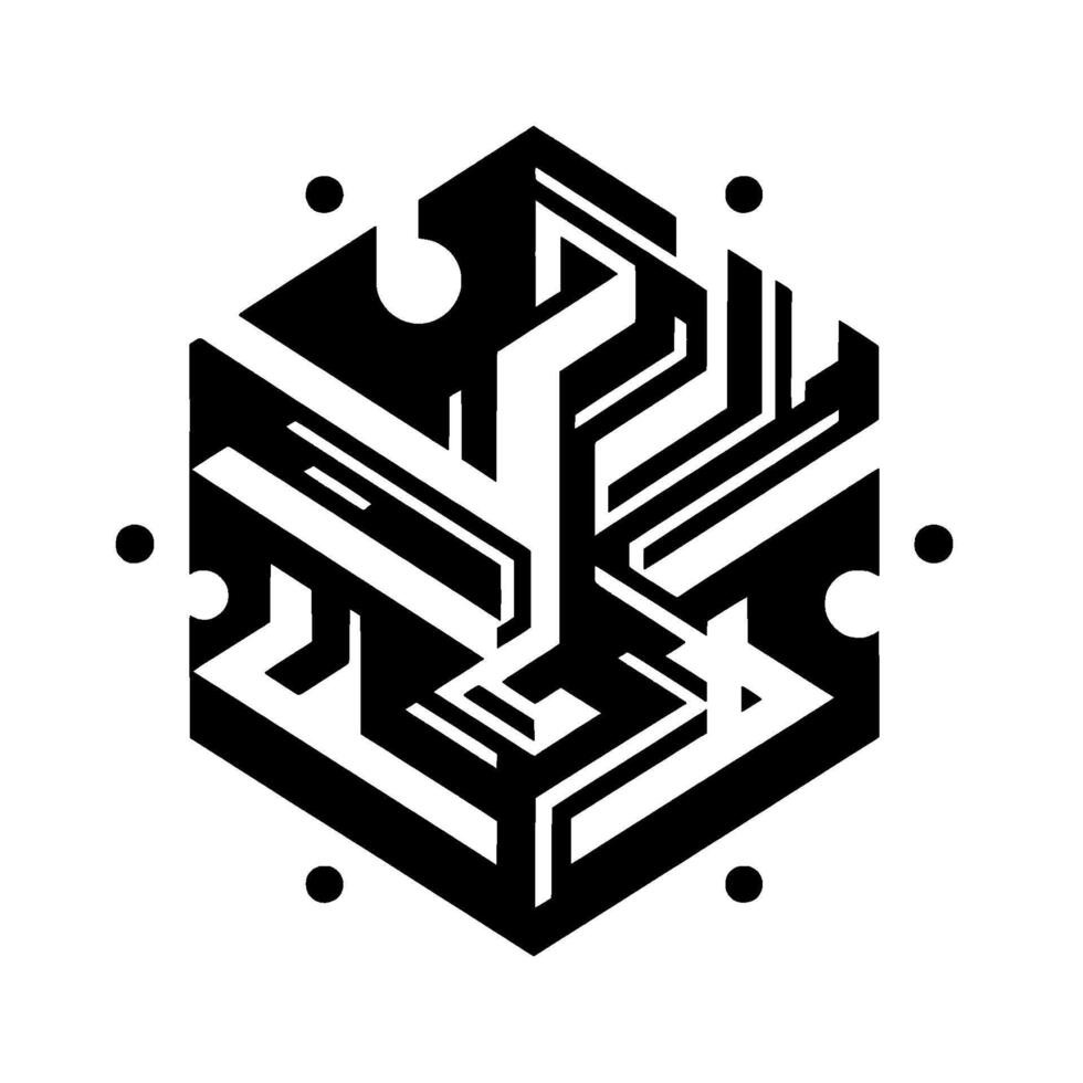 Geometric, hexagonal composition in black and white featuring abstract, interconnected shapes and circular accents, creating a modern, minimalist . vector