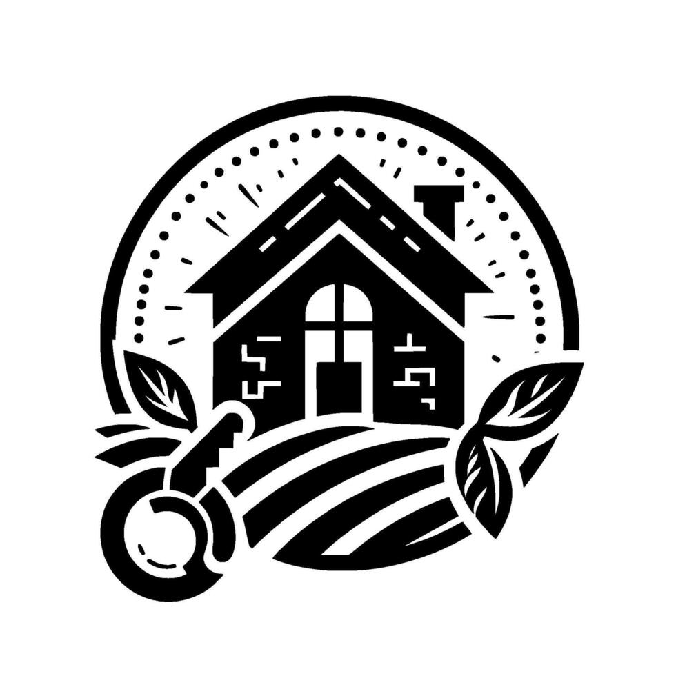 Black and white circular emblem featuring a house, key, and foliage, symbolizing home, property, and nature in a clean . vector