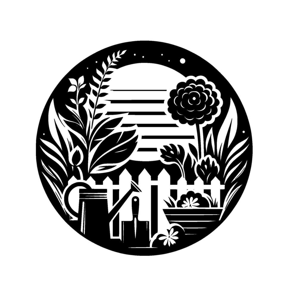 Stylized Black White Circle Art A Detailed Garden Scene With Tools, Flowers, Fence, and Foliage. vector