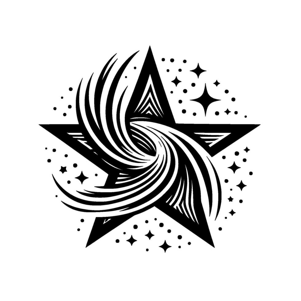 Bold Black and White Star A Striking with a Swirling Center, Asteroids, and Celestial Starry Accents. vector