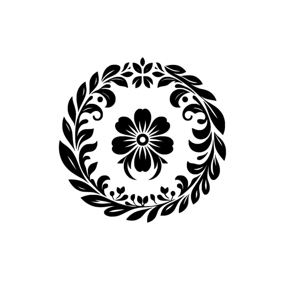 Symmetrical black floral wreath and flower , composed of leaves and petals, centered on white backdrop, creating a decorative and elegant circular pattern. vector