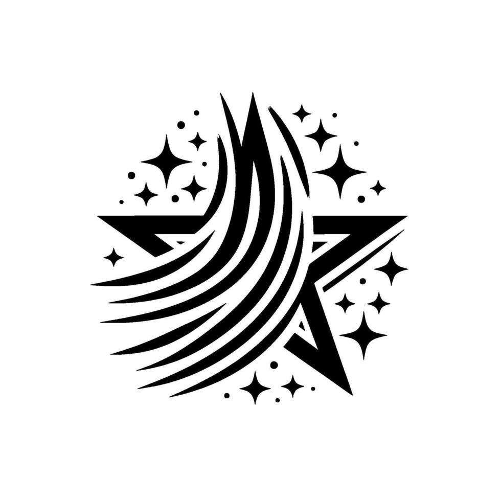 Black and white art illustration of a star with flowing stylized lines and surrounding star shapes, on a white background. vector