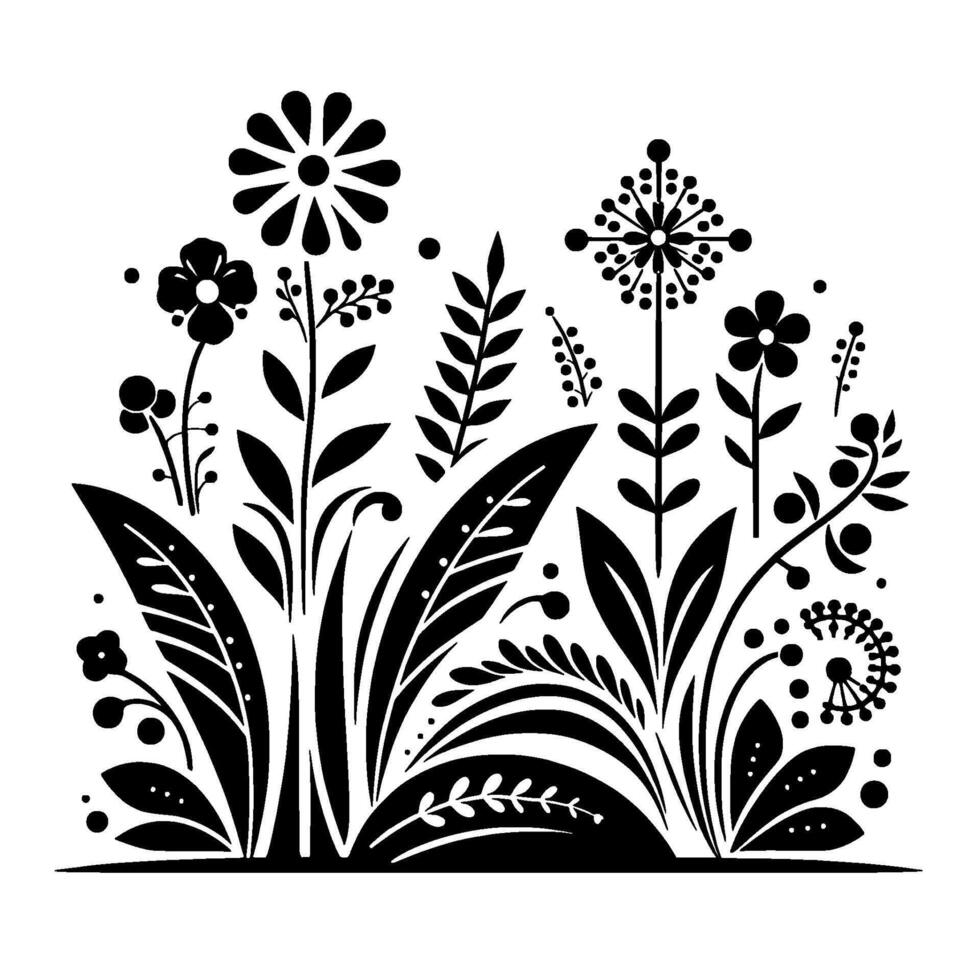 Intricate Black and White Floral Illustration Stylized Meadow with Diverse Flower and Leaf Designs in a Decorative, FlatArt Style. vector
