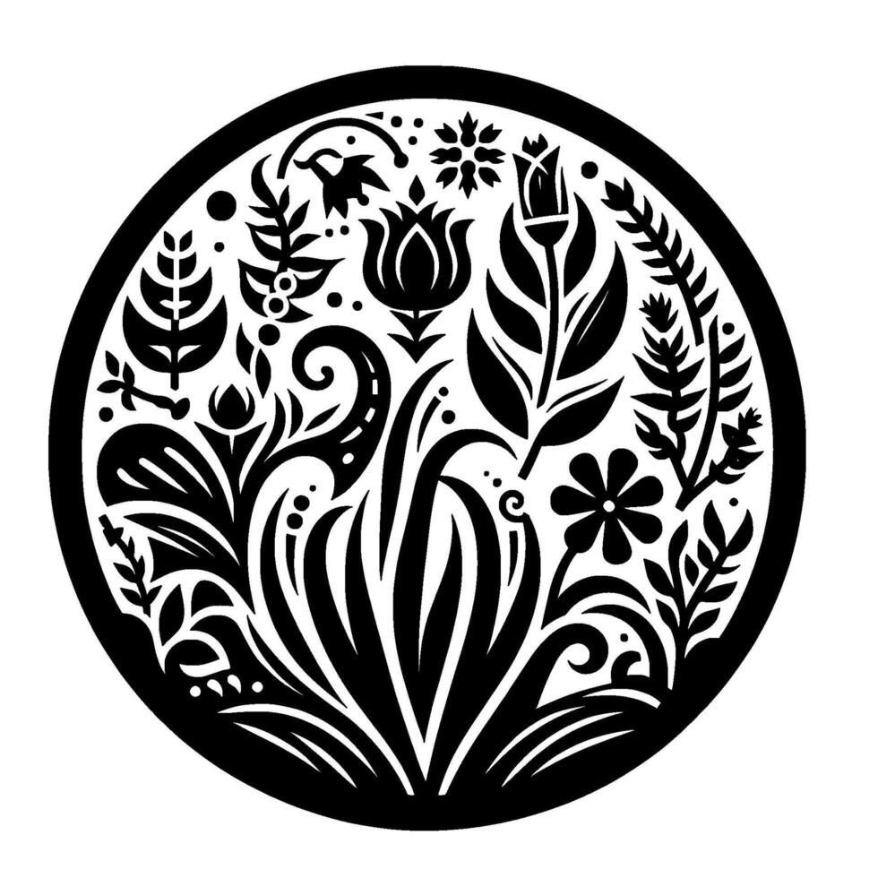 Circular Black White Floral Arrangement with stylized flowers, leaves, and foliage in a symmetrical , against a white background. vector