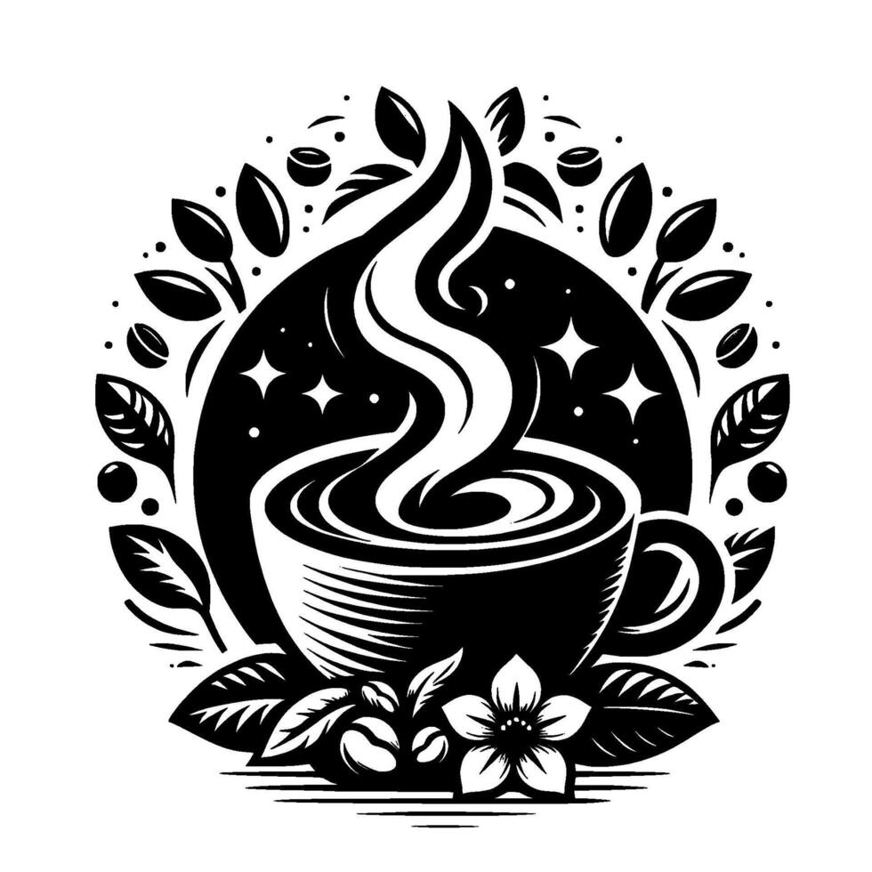 Elegant Black and White Coffee Cup Illustration with Floral and Leafy Circle, Steam, Coffee Beans and Blossoms vector