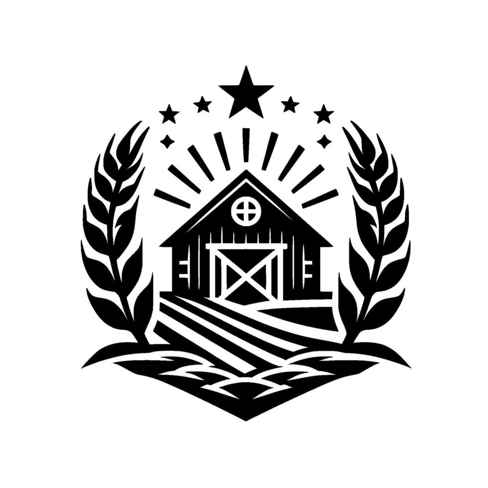 Rustic black and white barn emblem with wheat, stars, sunburst, and field, conveying a patriotic and agricultural theme. vector