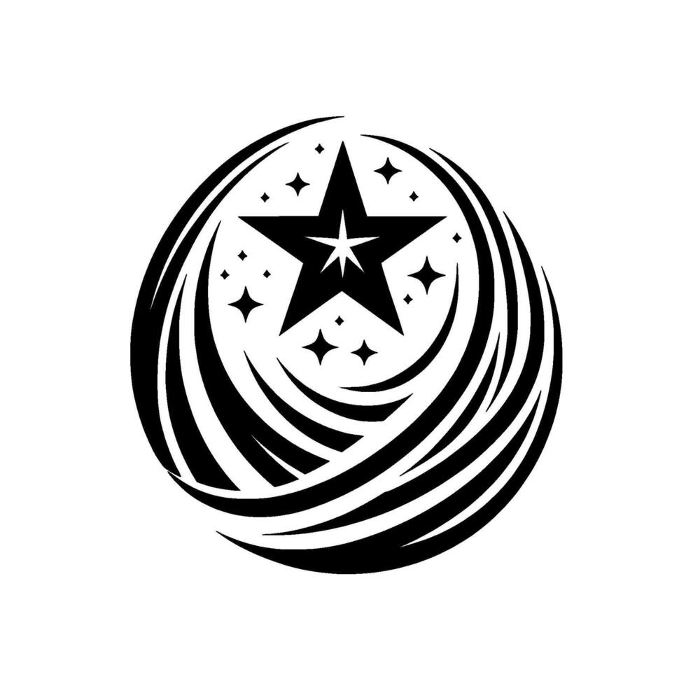 A striking black and white illustration of a stylized starburst, with a large star at its core surrounded by smaller stars and dynamic, curved lines. vector
