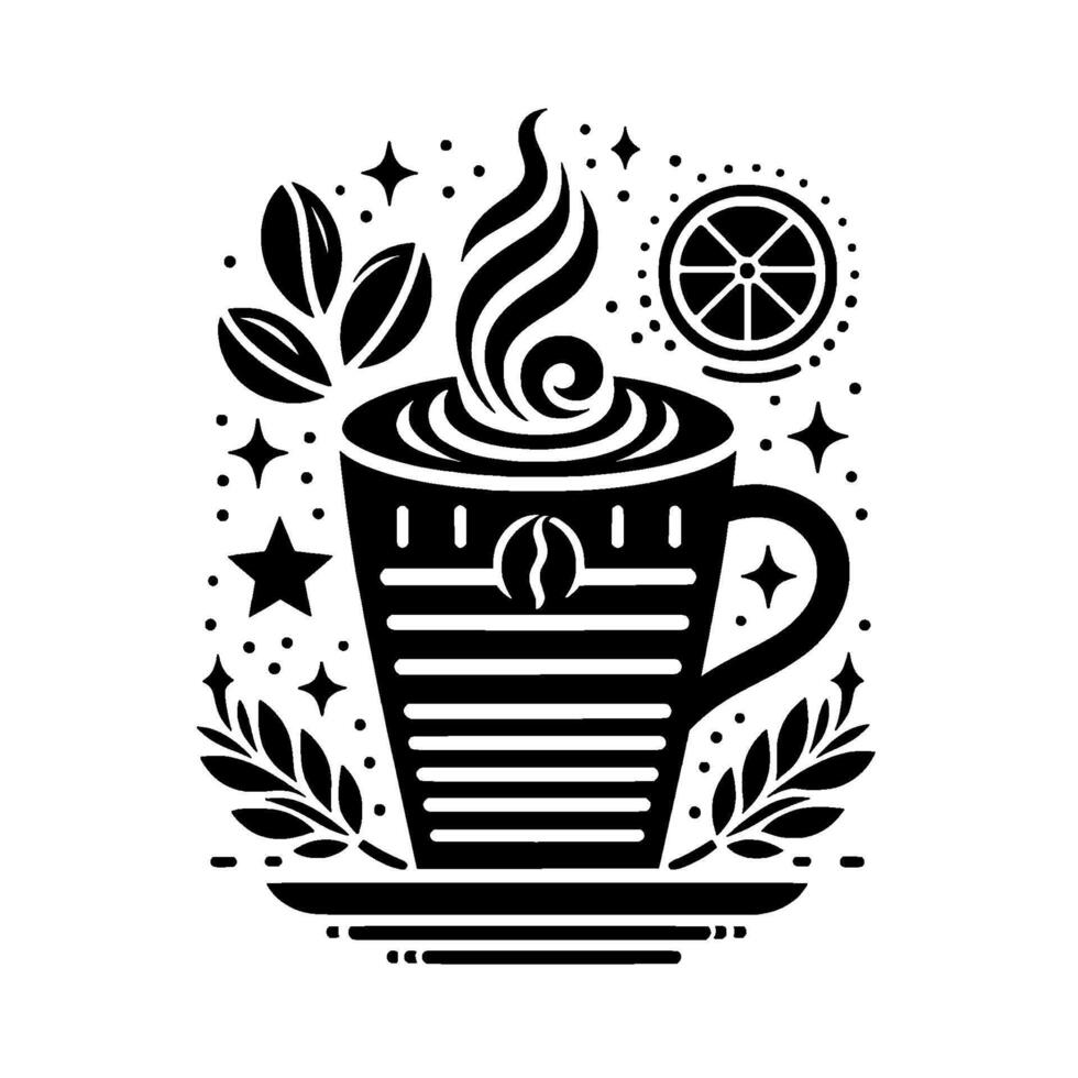 Black and white stylized illustration of a steaming coffee cup with embellishments of coffee beans, stars, leaves, and a citrus wheel. vector
