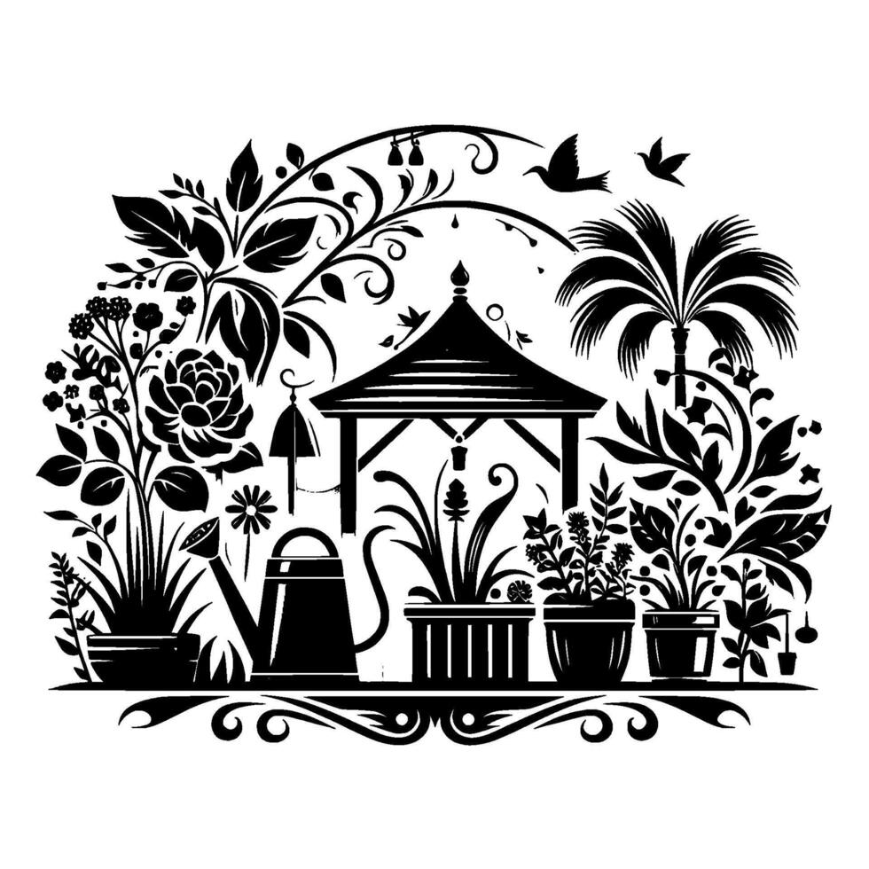 Elegant Black and White Garden Scene Gazebo, Plants, Birds, and Watering Can in Decorative Silhouette. vector