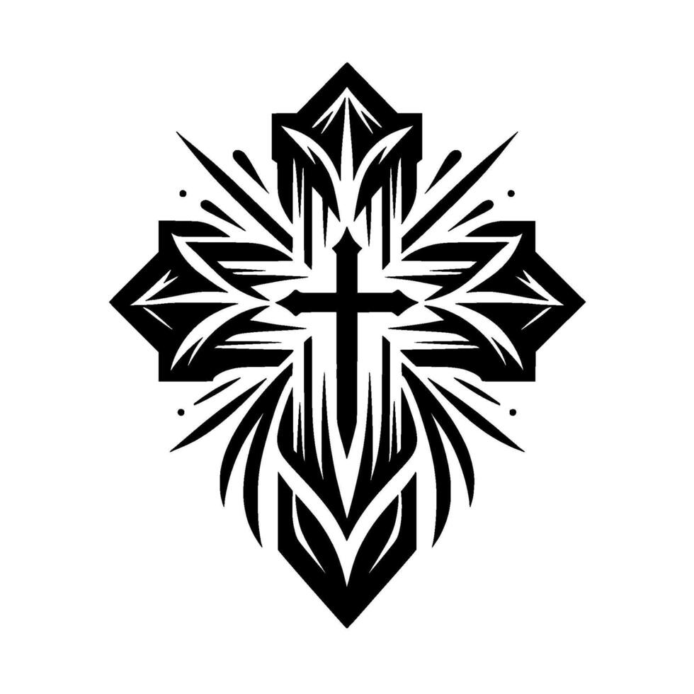 Detailed Black and White Christian Cross with Ornamental, Geometric, and Decorative Floral Elements on a White Background. vector