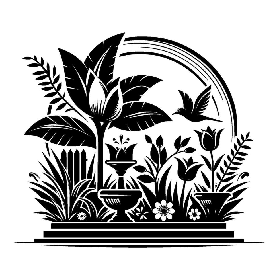 Elegant Black and White Garden Illustration Lush Flora, Fountain, Bird, and Arched Embrace, on a White Background. vector