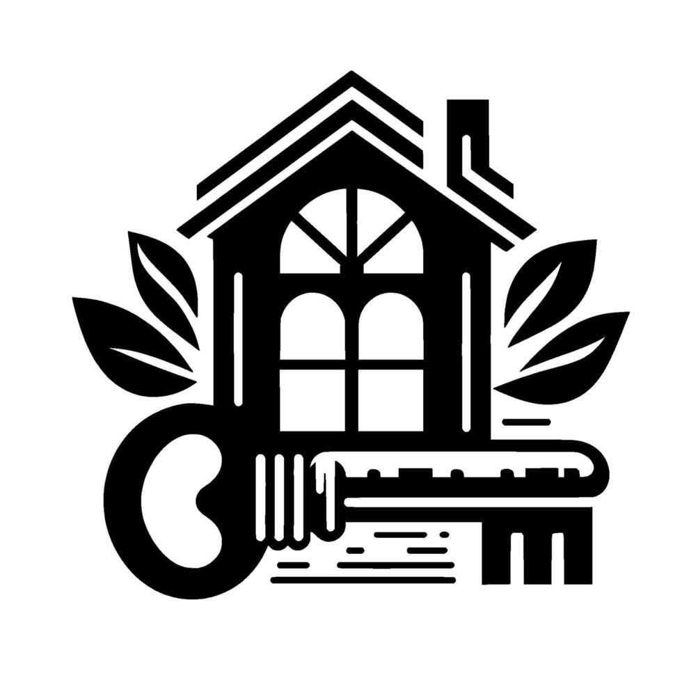 Black and white minimalist house silhouette with window, leaves, and giant key. Represents real estate and property. vector