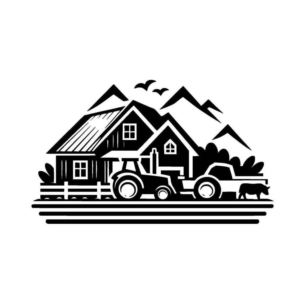 Black and white illustration of a rural farmhouse scene with a tractor, truck, cow, mountains, and birds. vector