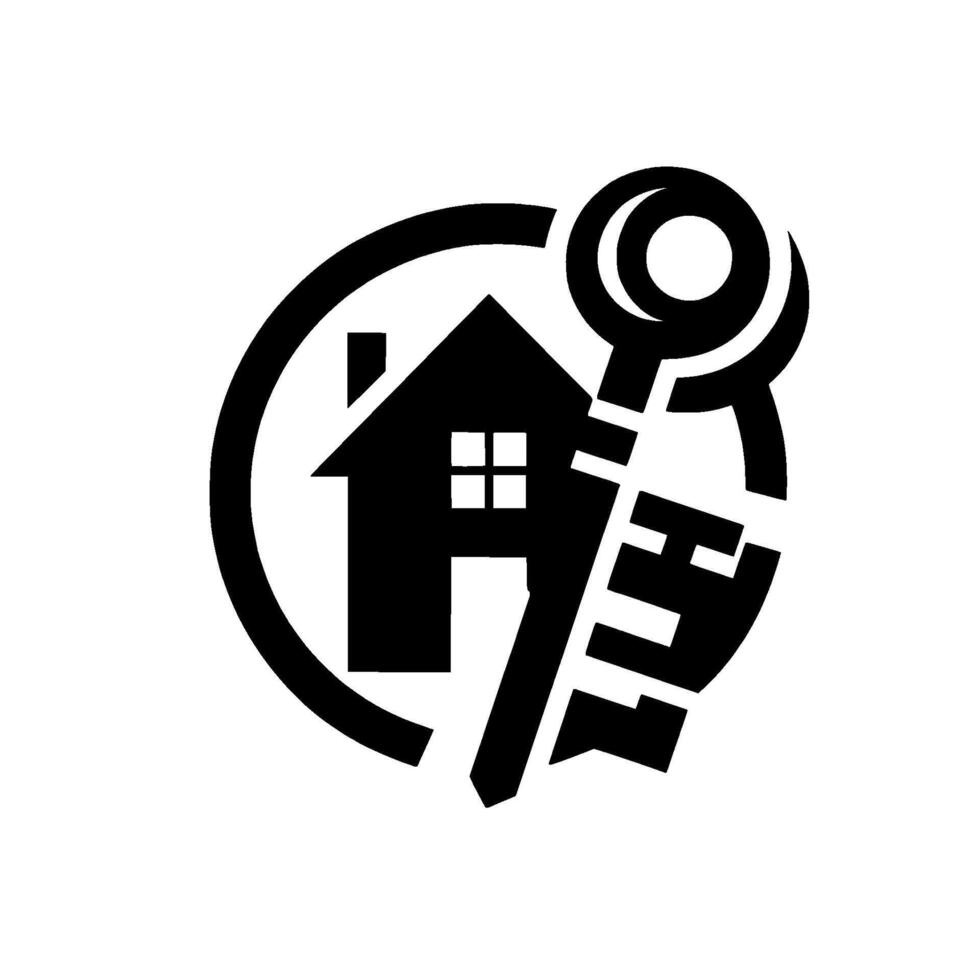 Black and white minimalist real estate featuring a house silhouette within a circle and an oversized key. vector