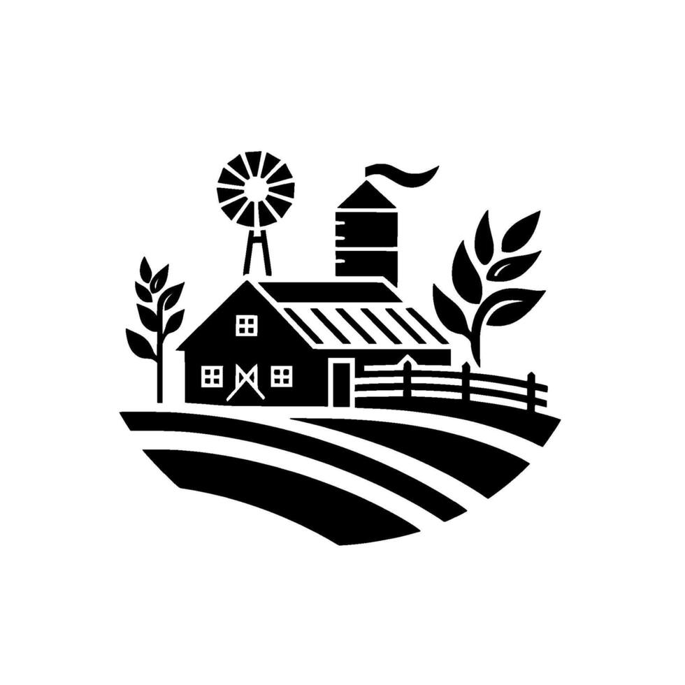 Black and White Farm Illustration Countryside Scene Depicting Barn, Windmill, Silo, and Wheat Fields, with Rural Serenity. vector