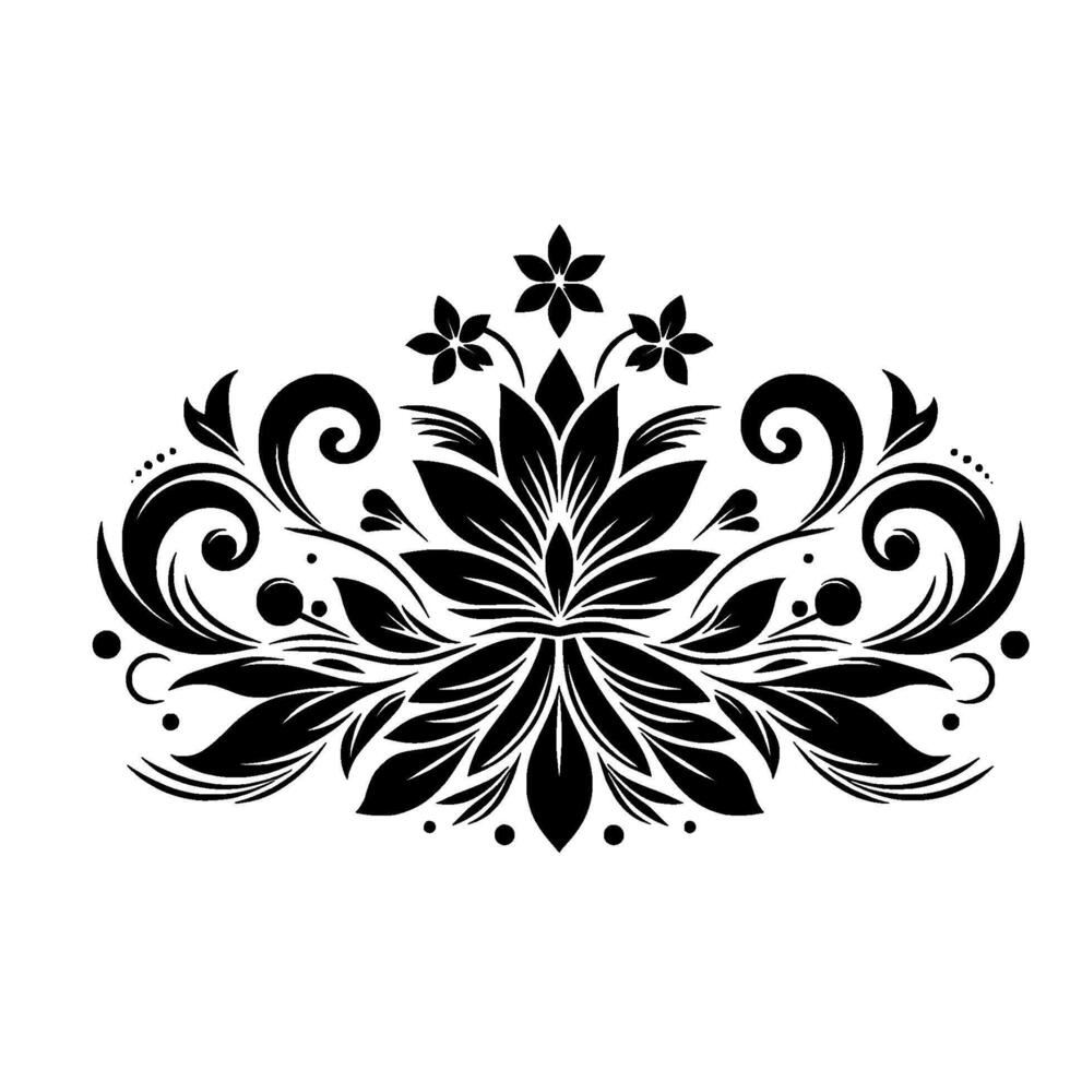 Ornate Black Floral Symmetrical Flourishes, Leafy Elements, and Delicate Petals, Creating a Detailed Decorative Motif. vector