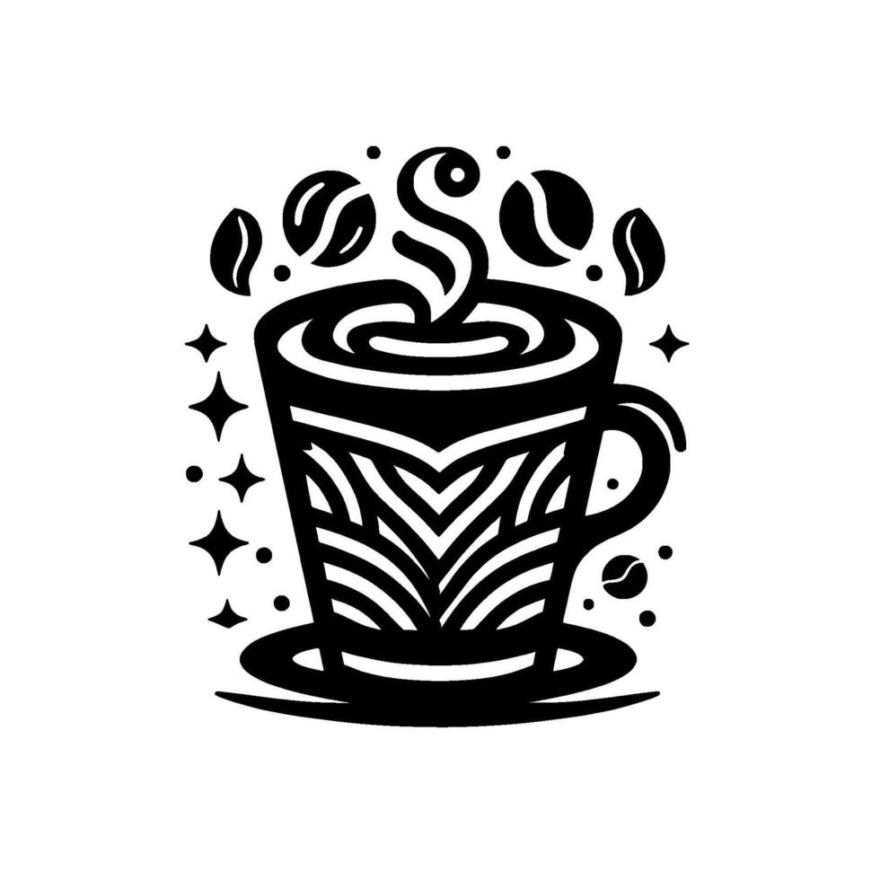 Stylized Black and White Coffee Cup Illustration with Steaming Aroma, Beans, and Sparkling Embellishments on a Clean White Background. vector