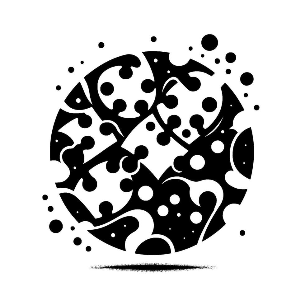 A , abstract featuring a black and white circular composition of interconnected puzzle pieces with organic shapes and dots, set against a white background. vector