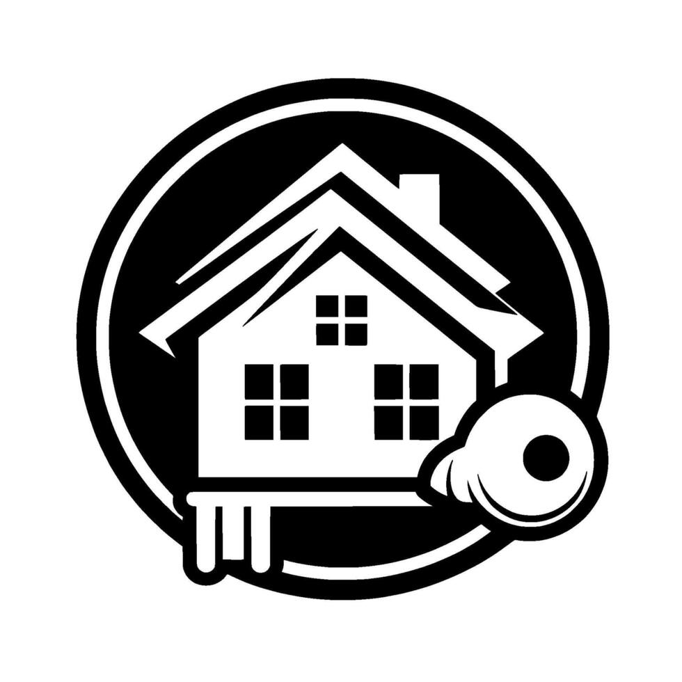 Monochromatic Home and Key A simplified house with key, enclosed in a circular black and white badge. vector