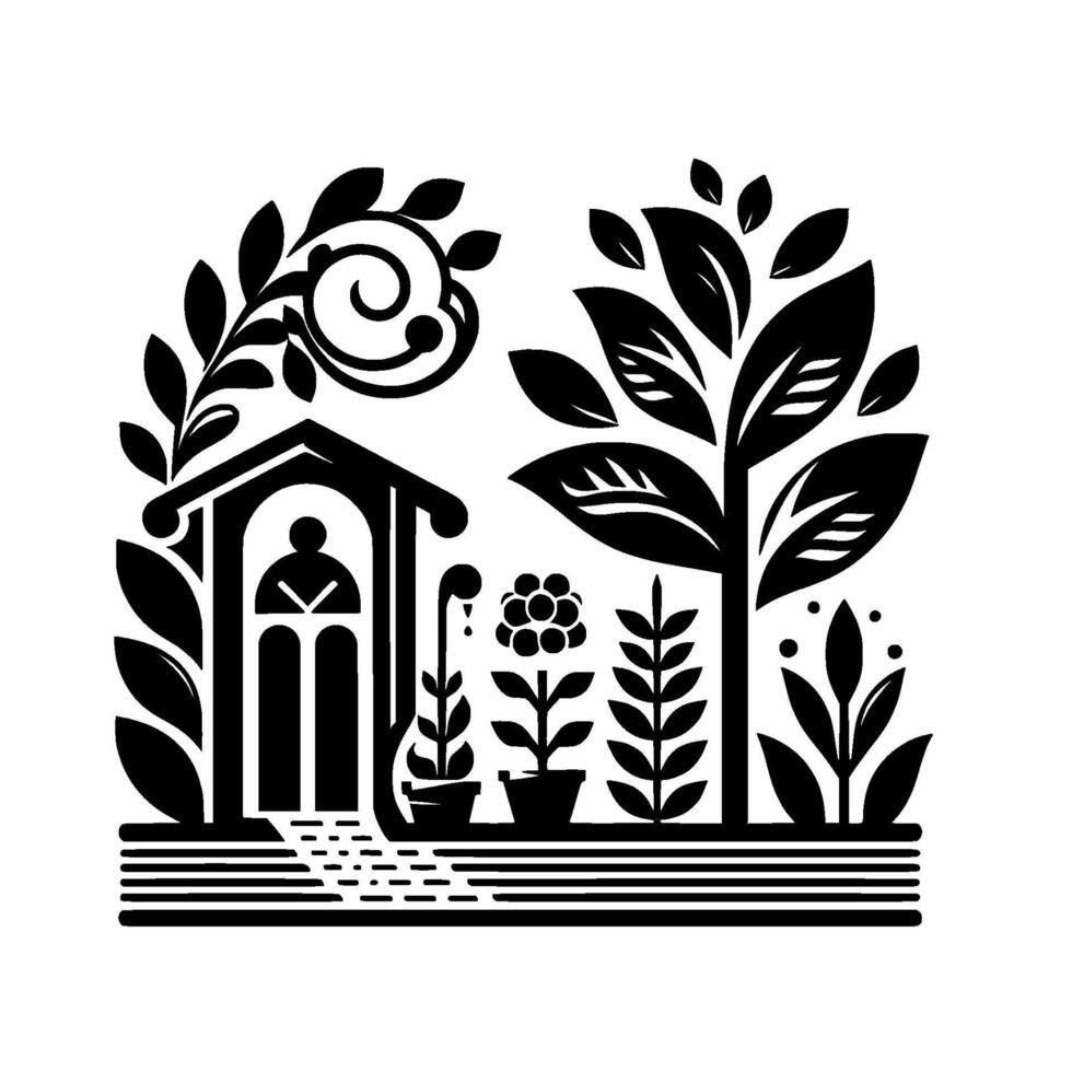 Stylized Black and White Garden Scene with a House, Foliage, and Potted Plants. vector