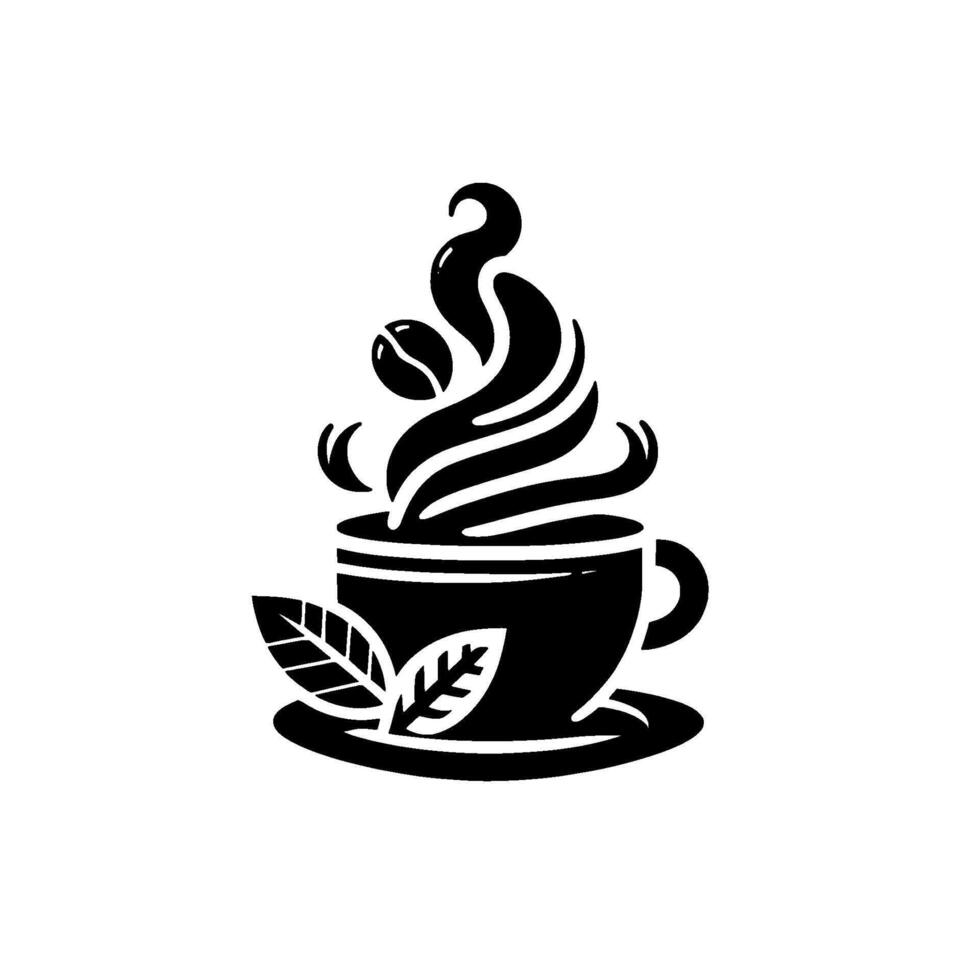 Black and White Minimalist Coffee Cup with Steam, Coffee Bean and Leaves on Saucer, Illustration, Cafe Theme. vector