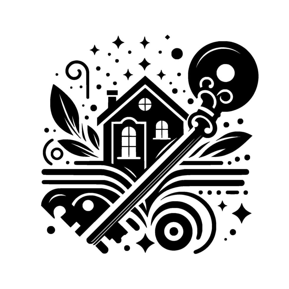 Black and white illustration of a house with key, stars, and leaves. Symbolic of real estate and homeownership. vector