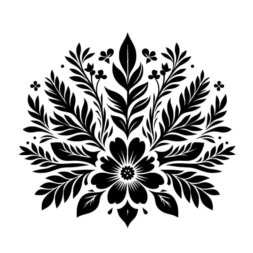 Symmetrical Black Floral Detailed Botanical Composition with Leaves, Petals, and Foliage on White Backdrop. vector