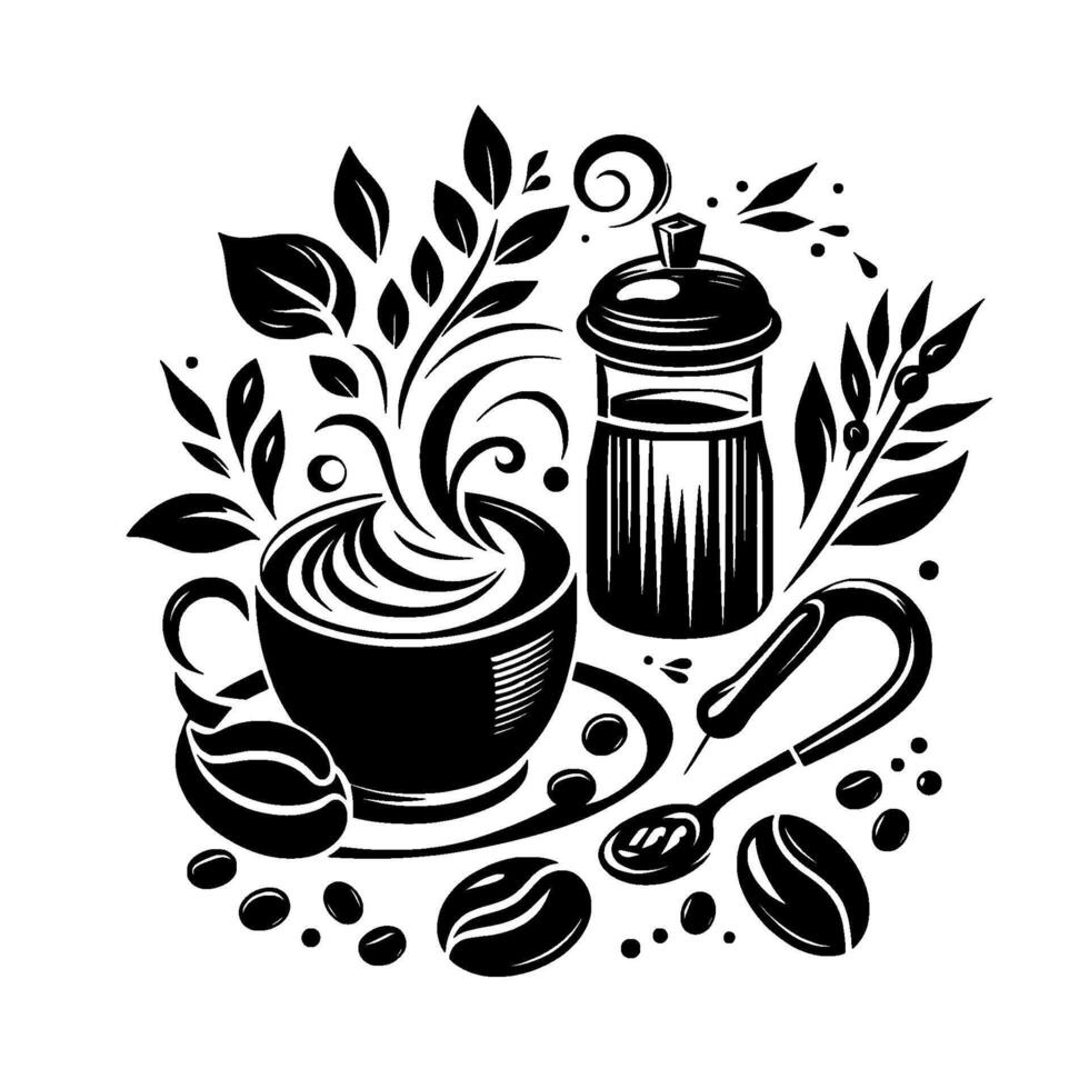 Stylized Black and White Illustration of Coffee Cup with Latte Art, Coffee Beans, and a Sugar Container, surrounded by Leaves. vector
