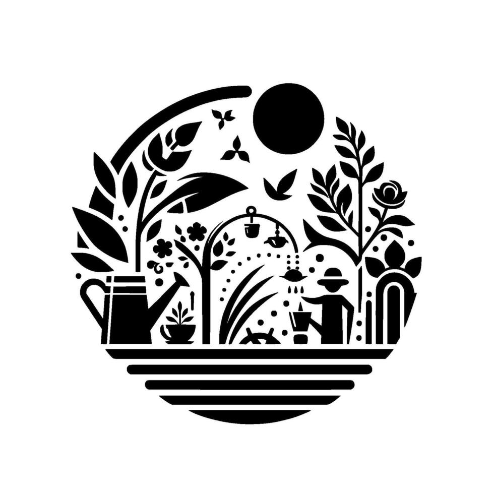 A stylized black and white illustration of a contained garden, a person watering plants, with botanical elements under the sun. vector