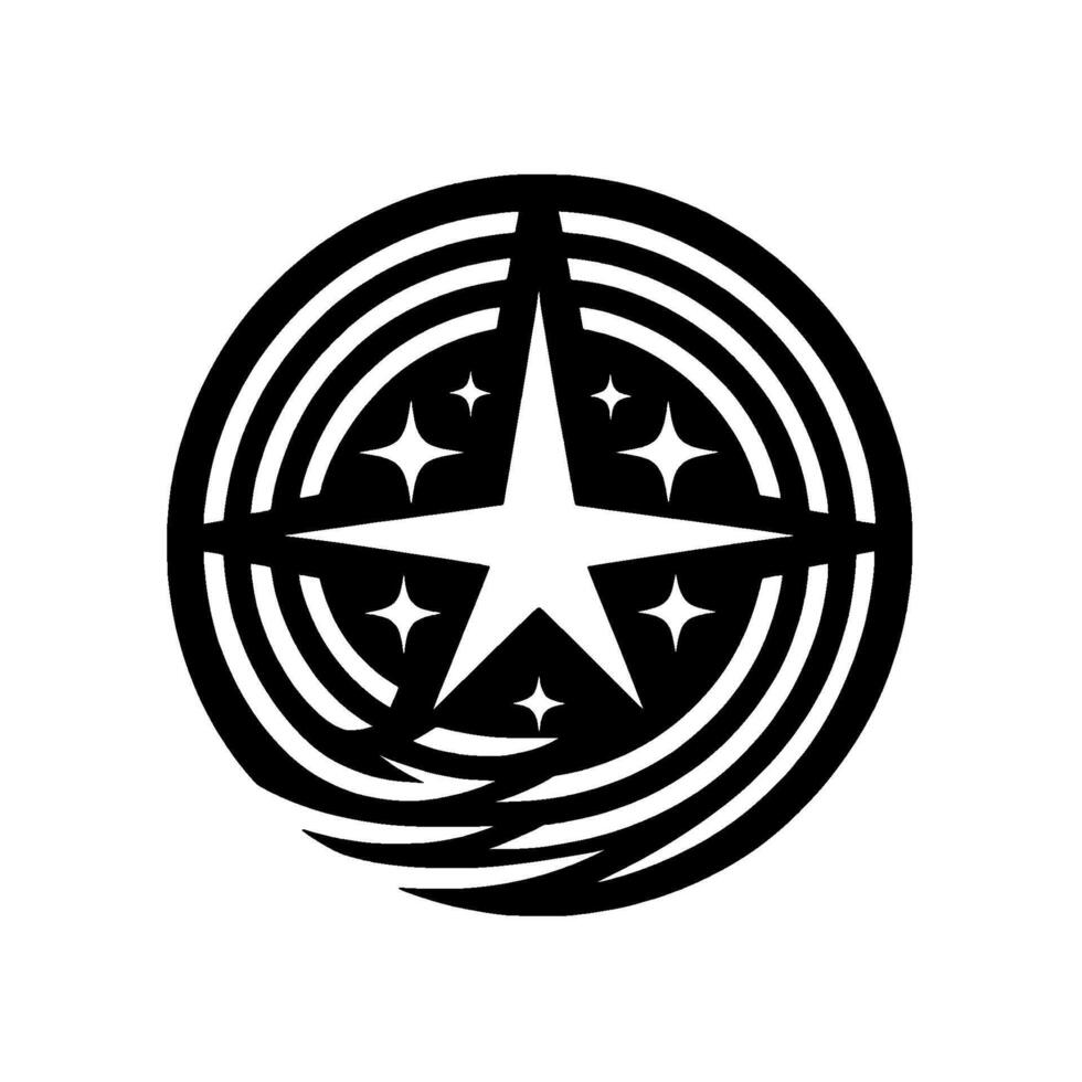 Bold Black and White Circular Emblem Central Star Encircled by Rings and Accentuated with Smaller Stars, on a White Background. vector