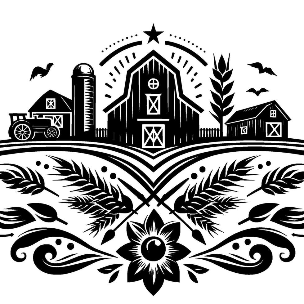Rustic Farmhouse Silhouette with Barns, Tractor, Wheat, and Floral Motifs, a monochromatic symmetrical composition. vector