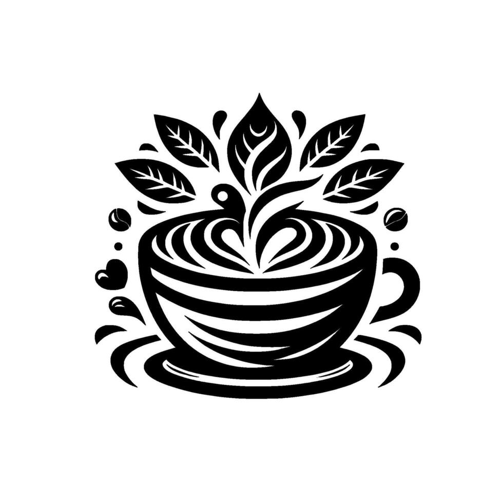 Stylized Black and White Coffee Cup with Leaf and Heart Latte Art and Accompanying Embellishments vector