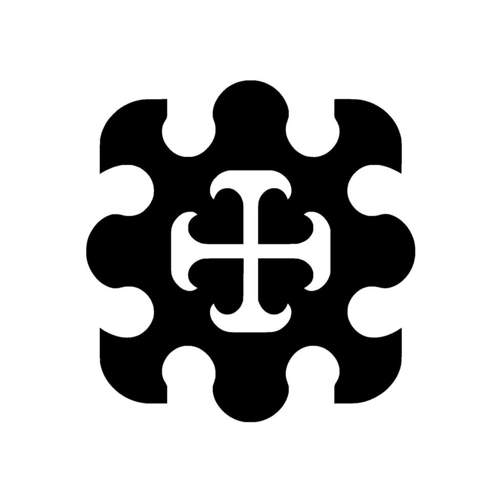 Geometric monochrome emblem with an intricate white cross centered within a black coglike shape, on a white background. vector