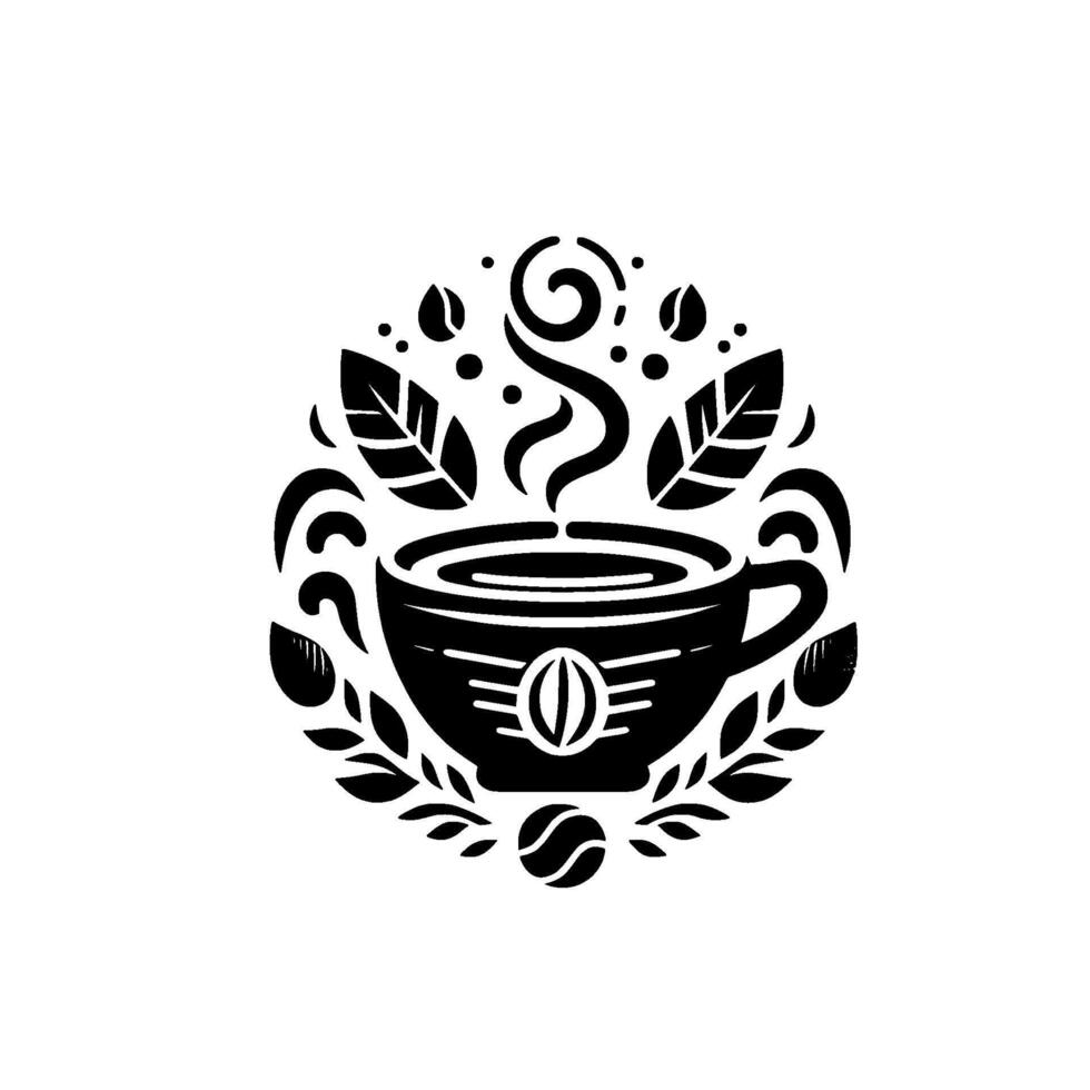 Stylized Coffee Cup in Circular Leafy Wreath Black White Minimalist with Coffee Beans and Steam, like. vector