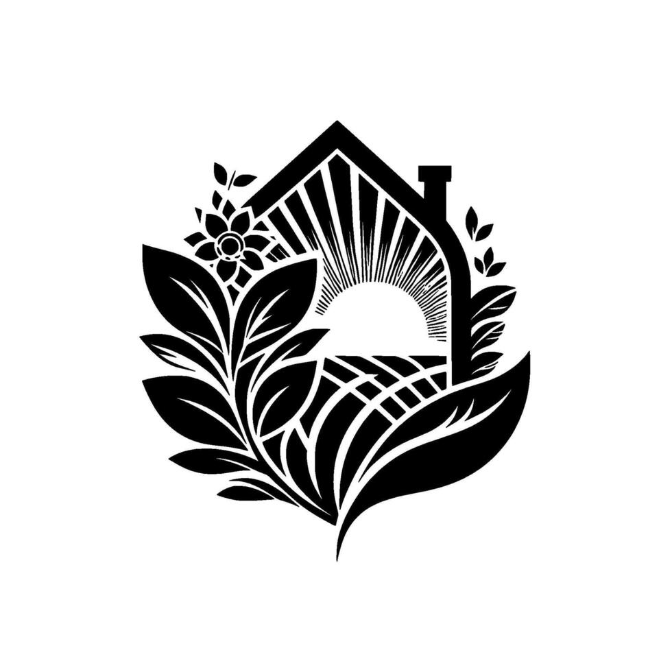 Monochromatic, stylized featuring a house silhouetted by sunrise rays over fields, encircled by floral and leafy elements, evoking a feeling of nature and home. vector