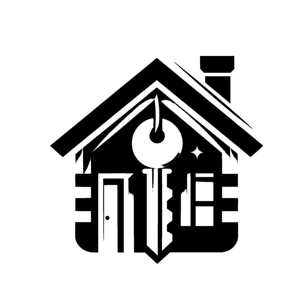 Black and White Geometric House Silhouette with a Key Represents Homeownership, Real Estate, and Security. vector