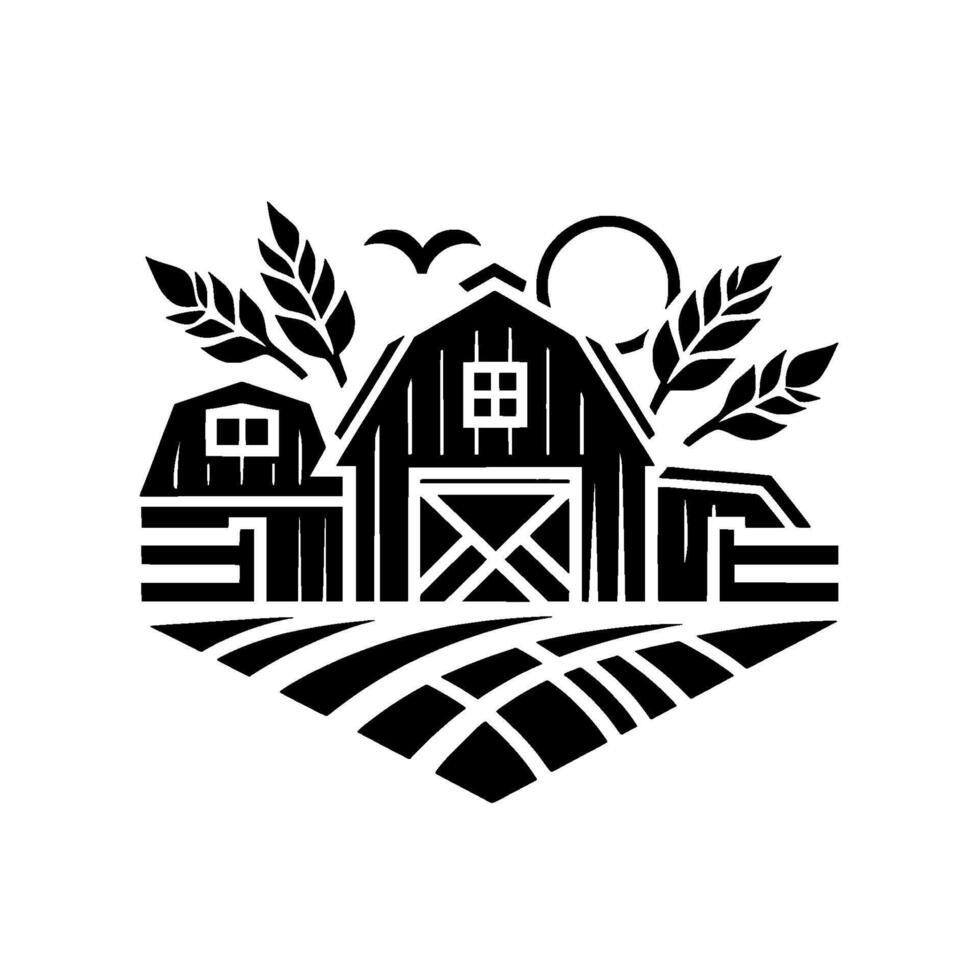 Monochrome farm illustration featuring barns, crops, sun, and wheat stalks, a stylized . vector