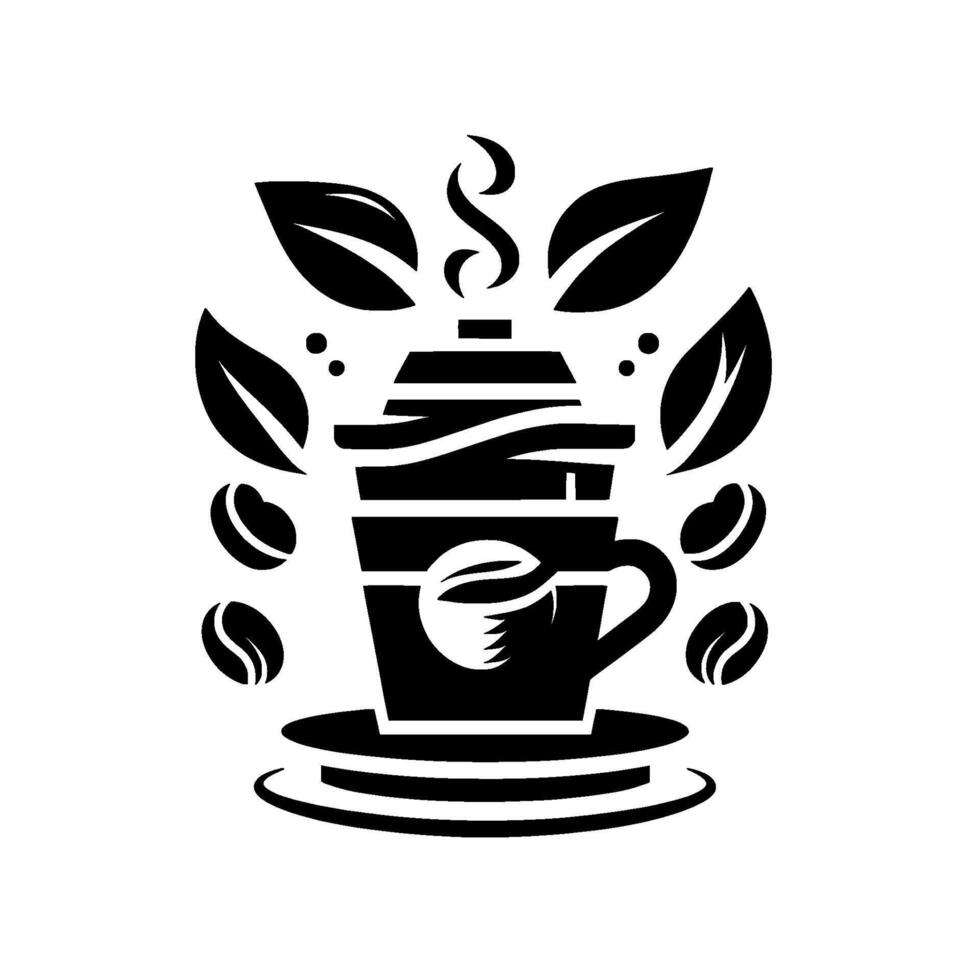 Elegant Black and White Coffee Cup Surrounded by Leaves and Beans, with Steam Rising, on a Simple White Backdrop. vector