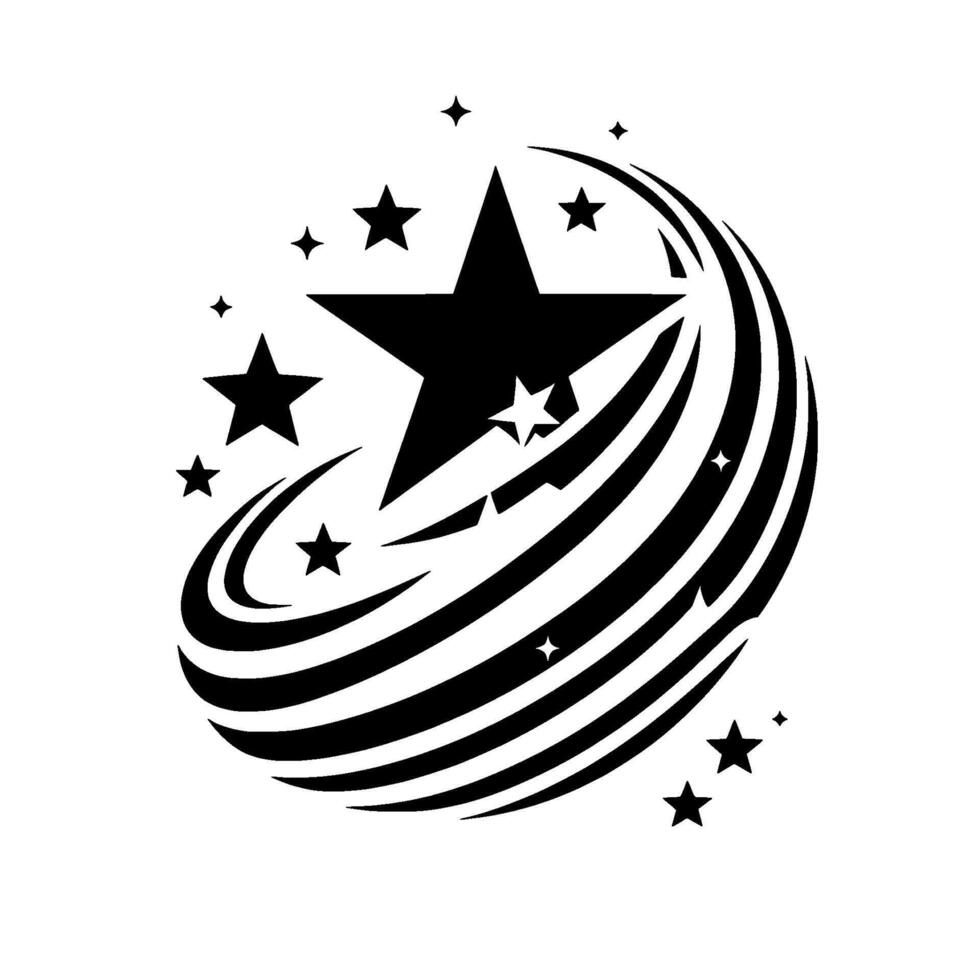 A stylized black and white featuring a central star encircled by arcing trails of stars, exuding motion, elegance and dynamism. vector