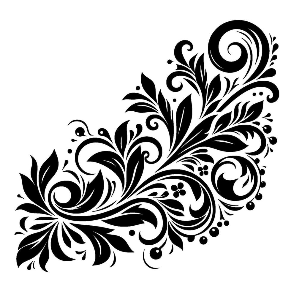 Ornate Black Flourish on White A Detailed Floral Corner with Curls, Leaves, and Berries. vector