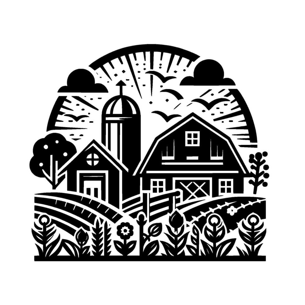 Simplified Black and White Farm Scene Barn, Silo, Crops, Birds, and a Stylized Sky, Illustrating Rural Life. vector