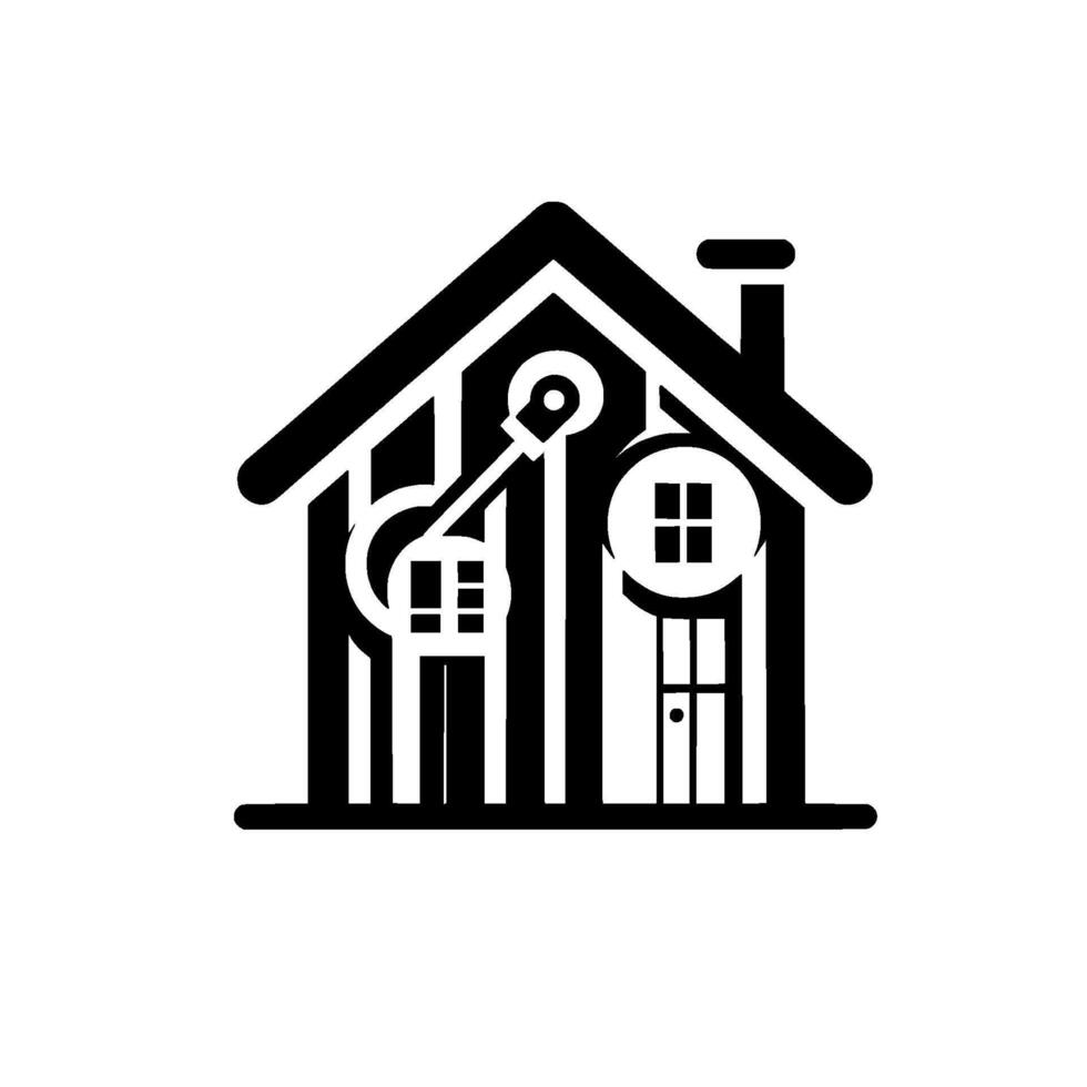 Black and White Symbolic House Illustration with Mechanical Elements, Suggesting Property and Repair. vector