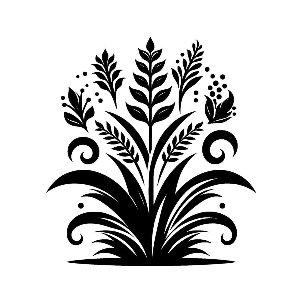 Stylized Black Floral Arrangement with Leaves, Spirals, and Berries on a White Background in a Minimalist, Like Style. vector