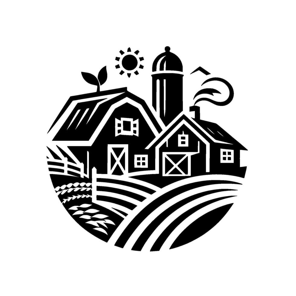 Black and white circular illustration of a farm scene with barn, silo, sun, fields, smoke, and plant, representing rural life. vector