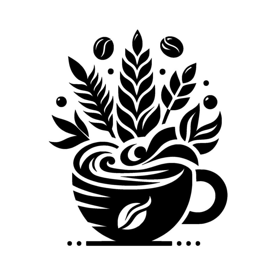 Stylized Black and White Coffee Cup , Featuring Wheat, Coffee Beans, and Leafy Embellishments, Artistic Minimalist Concept. vector