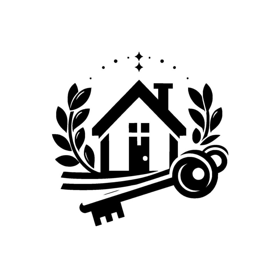 Monochromatic Real Estate House with Key, Laurel Wreath, and Celestial Embellishments, on White. vector