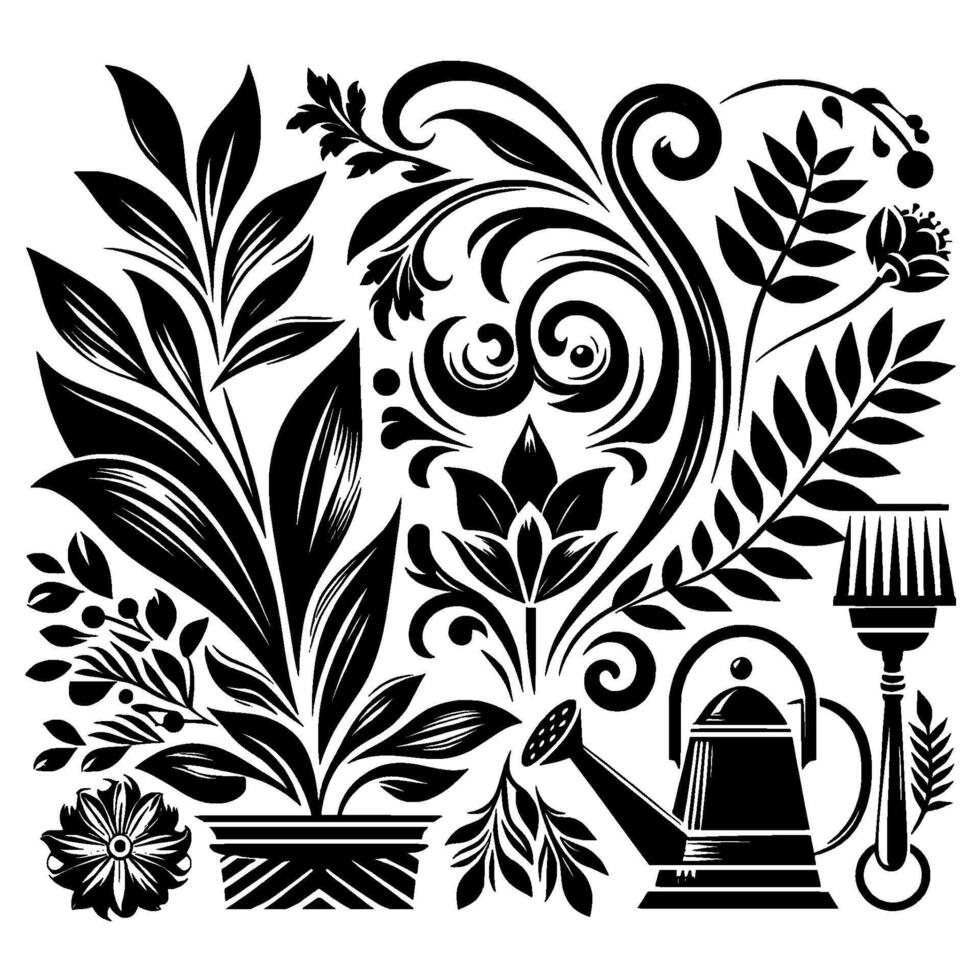 Intricate Black White Composition of Botanical Elements, Including Plants, Florals, Watering Can, Brush, Decorative Swirls vector
