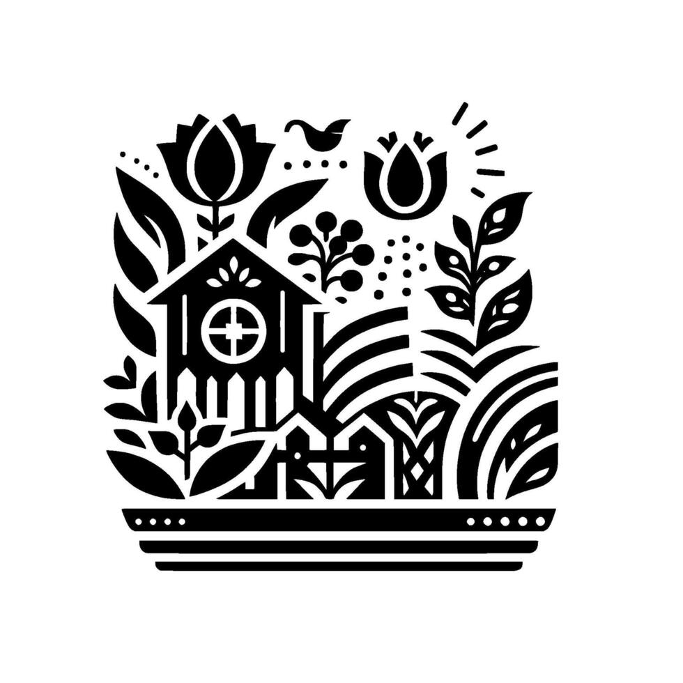 A symmetrical, monochrome folkart illustration of a stylized house nestled within a garden, featuring birds, flowers, and intricate foliage. vector