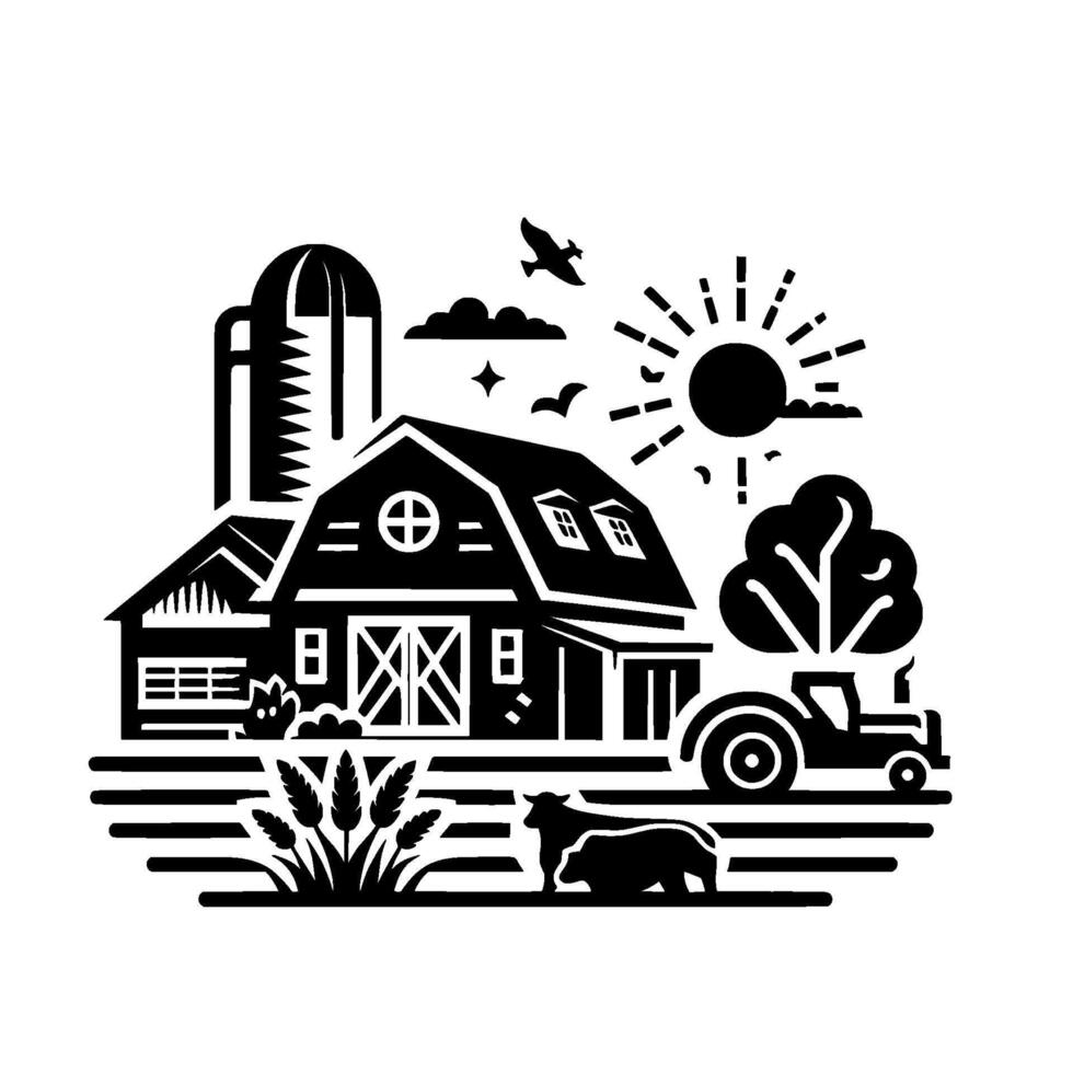 Black and White Farm Illustration Barn, Silo, Tractor, Animals, and Nature Elements Under a Sunny Sky. vector